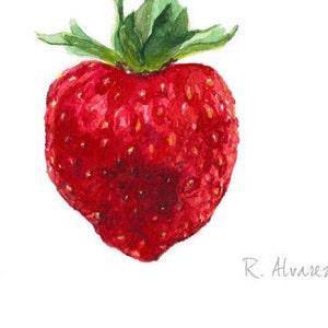 K&ouml;nnte beinhalten: Aquarellmalerei einer roten Erdbeere mit gr&uuml;nen Bl&auml;ttern. Die Unterschrift des K&uuml;nstlers "R. Alvarez" befindet sich unten rechts.