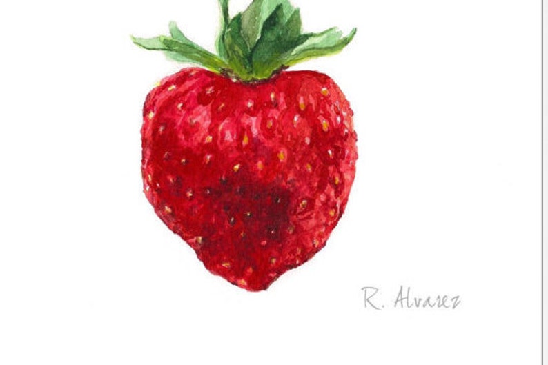 K&ouml;nnte beinhalten: Aquarellmalerei einer roten Erdbeere mit gr&uuml;nen Bl&auml;ttern. Die Unterschrift des K&uuml;nstlers "R. Alvarez" befindet sich unten rechts.