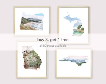 bundle watercolor state art print - painted state art - United States map art - unique holiday gifts - state artwork -