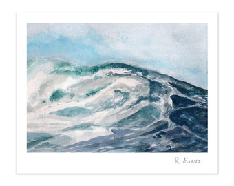 May include: A watercolor painting of a large ocean wave with shades of blue, green, and white. The wave is crashing and the water is foamy. The painting is signed "R. Alvarez" in the bottom right corner.