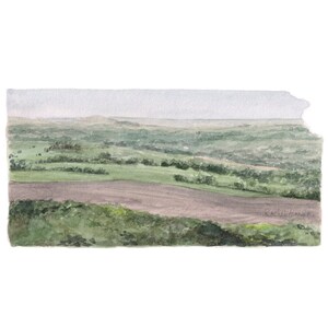 May include: Watercolour painting of a rolling green landscape with a brown field in the foreground. The sky is a light blue with a few clouds. The painting is signed "Rachel Himes" in the bottom right corner.
