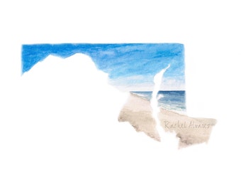 Maryland Art PRINT, Ocean City Maryland, Maryland Watercolor, Maryland Gift, Maryland State PRINT, Maryland Map, Maryland Landscape