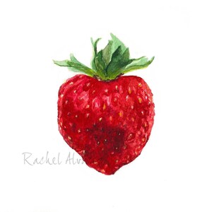 K&ouml;nnte beinhalten: Ein Aquarellbild einer roten Erdbeere mit gr&uuml;nen Bl&auml;ttern. Die Erdbeere ist in Herzform dargestellt.