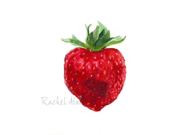K&ouml;nnte beinhalten: Ein Aquarellbild einer roten Erdbeere mit gr&uuml;nen Bl&auml;ttern. Die Erdbeere ist in Herzform dargestellt.