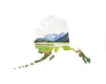 Alaska Painting, Alaska Landscape, Custom Painting, Military Gift, Alaska State PRINT, Alaska State Map, Alaska State, Alaska Watercolor