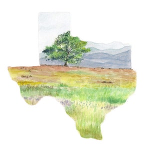 Texas Watercolor State Art PRINT, Texas Map Print, Texas Wall Art, Texas Bluebonnets, Landscape Print, Wall Art, Texas Landscape