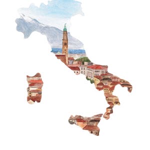 May include: A watercolor painting of the outline of Italy with a cityscape inside the shape. The cityscape features a tall tower with a green roof and red-tiled buildings.