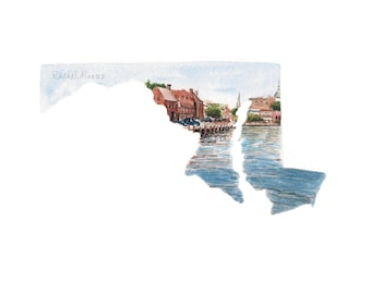 Annapolis Art PRINT, Annapolis Art, Military Gift, Maryland Map, Maryland Art, Maryland Watercolor, Chesapeake Bay, Annapolis Watercolor