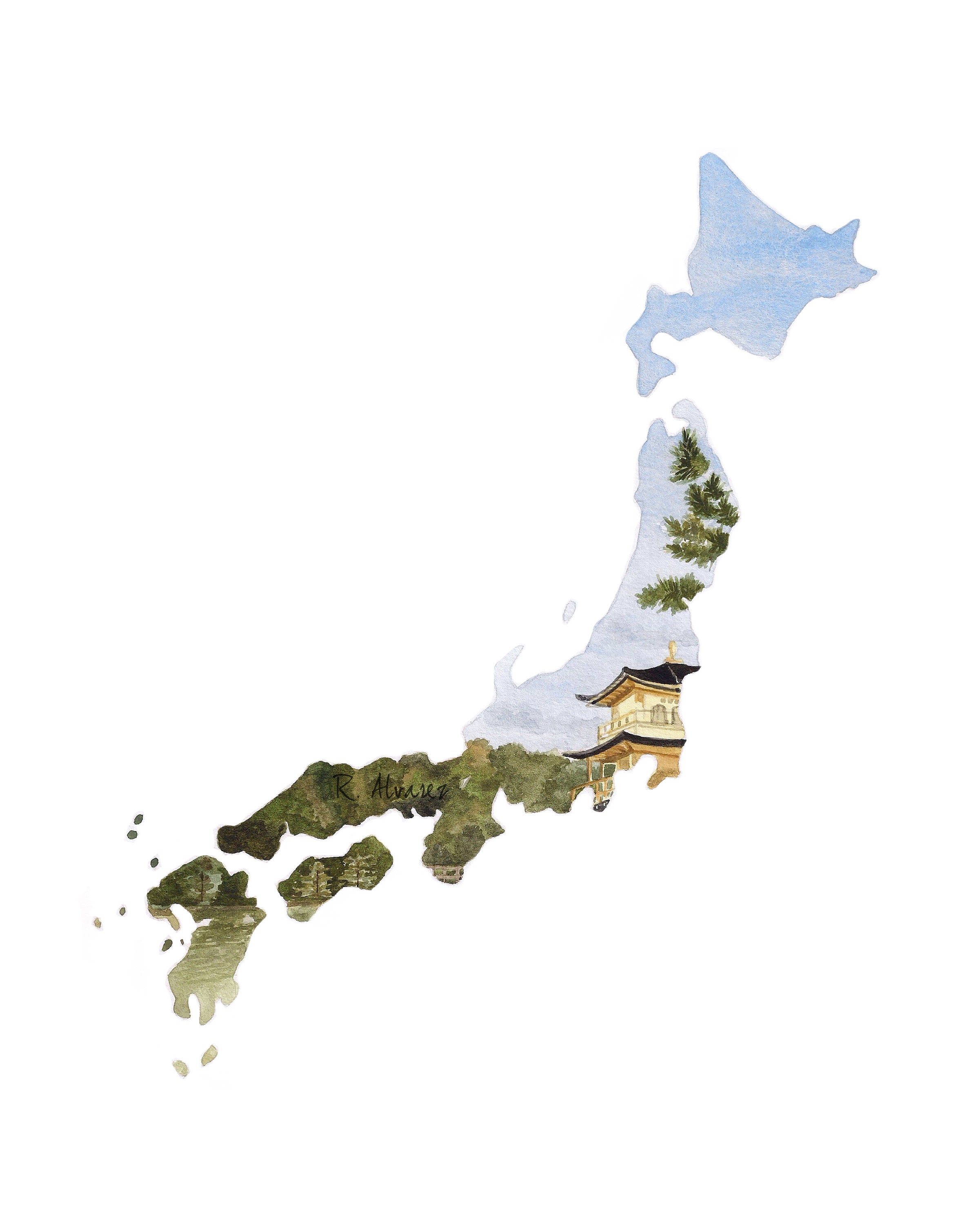 Japan Watercolor Map Okinawa Japan Art Print Military Etsy