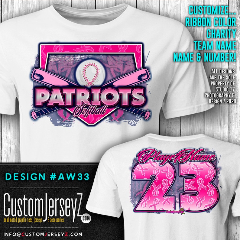 Item #AW33 Mens Womens Youth Breast Cancer Ribbon Support Gift Softball Baseball Fastpitch Custom Awareness Jersey Shirt