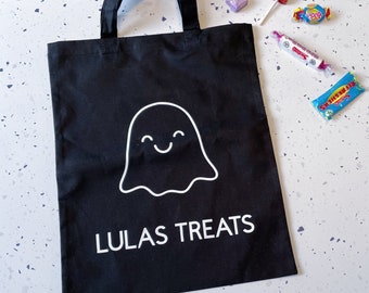 Personalized Ghost Trick or Treat Bag | Black Cotton Tote