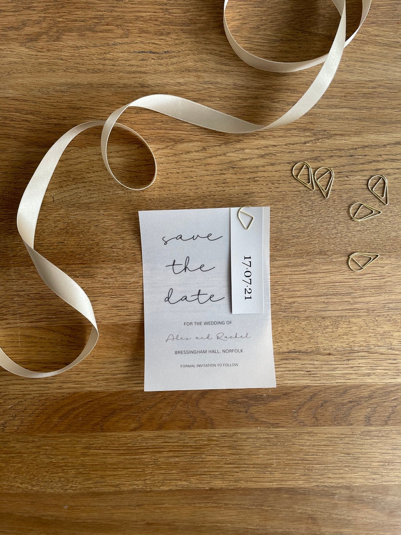 Teardrop Paperclip Vellum And Grey Card Save The Date Cards Personalised