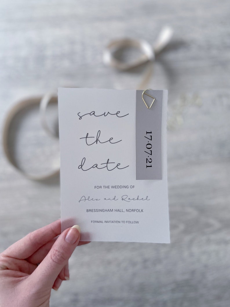 Teardrop Paperclip Vellum And Grey Card Save The Date Cards Personalised