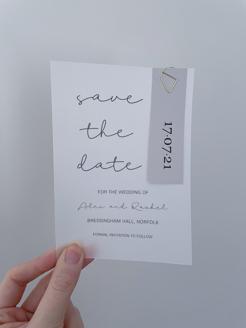 Teardrop Paperclip Vellum And Grey Card Save The Date Cards Personalised