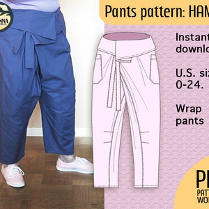 Instant download Plus size PDF pattern Thai wrap pants pattern for women, no buttons or zipper for a relaxed look, for your DIY wardrobe