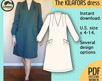 Pdf dress pattern for women, modern cool dress or go for a retro look, easy and versatile pattern for your DIY wardrobe, no buttons or zip