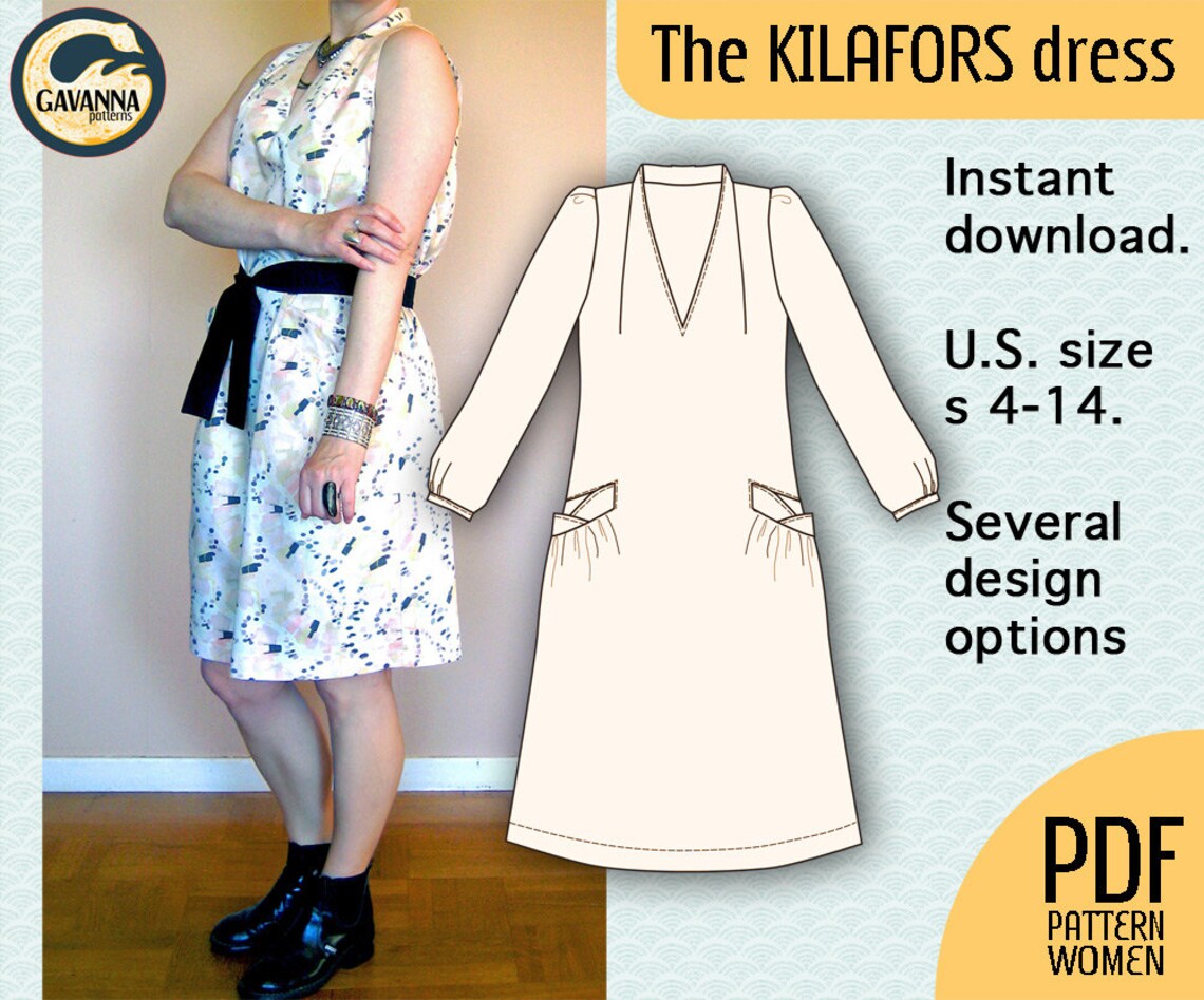 Womens Pdf Pattern for an Aline Dress, No Zipper or Buttons. Vneck