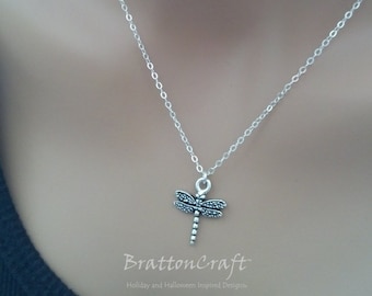 Silver Dragonfly Necklace: Sterling Silver Chain, Insect Jewelry