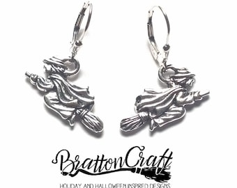 Silver Flying Witch Earrings: Sterling Leverback, Halloween Jewelry