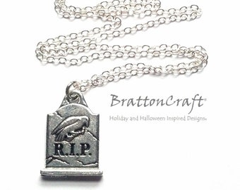 Silver Tombstone Necklace: Raven RIP Pendant, Halloween Jewelry