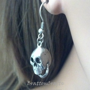 Distressed Metal Skull with Dangling Jaw Earrings - Halloween Earrings - Skull Earrings - Halloween Jewelry - Skull Jewelry