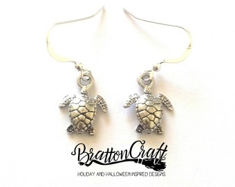 Silver Sea Turtle Earrings: Sterling Silver Earwire, Beach Jewelry