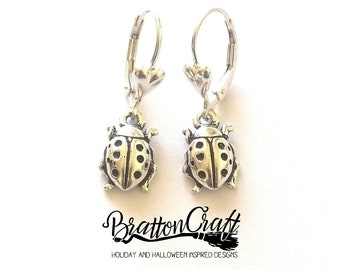Silver Ladybug Earrings: Britannia Pewter Insect Jewelry