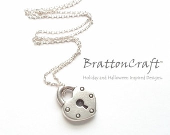 Silver Heart Lock Necklace: Britannia Pewter Charm, Sterling Silver Chain