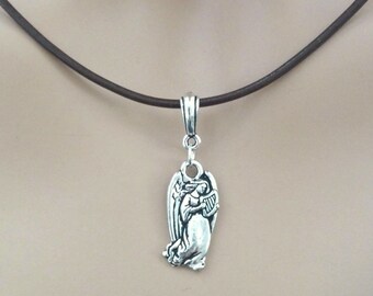 Silver Angel Necklace: Pewter Harp Charm, Leather Cord