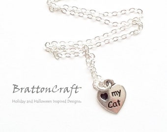 Love My Cat Heart Necklace - Cat Heart Necklace - Paw Necklace - Heart Necklace - Silver Heart Necklace - Cat Necklace