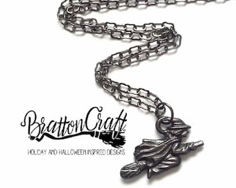 Black Flying Witch Necklace: Pewter Halloween Jewelry