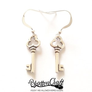 Silver Key Earrings - Key Earrings - Key Charm Earrings - Key Jewelry - Skeleton Key Earrings