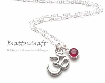 5/8 Inch Silver Om Necklace with Birthstone - Aum Necklace - Yoga Necklace - Birthstone Necklace - Spiritual Necklace