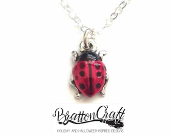 Hand Painted Red Ladybug Necklace: Silver Insect Jewelry