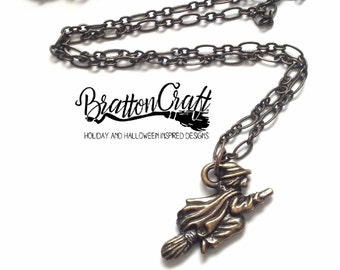 Dark Gold Flying Witch Necklace - Halloween Jewelry