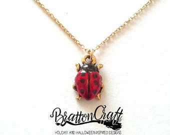 3D Hand Painted Red Ladybug Necklace - Gold Ladybug Necklace - Ladybug Jewelry - Insect Necklace - Insect Jewelry