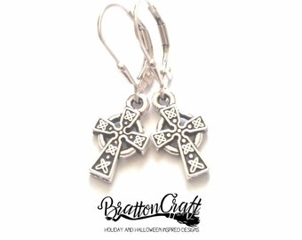Silver Celtic Cross Earrings: Sterling Ear Wires, Irish Jewelry