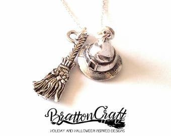 Silver Witch Hat and Witch Broom Necklace - Wizard Hat Necklace - Witch Hat Necklace - Witch Broom Necklace - Halloween Necklace - Samhain