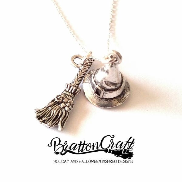 Silver Witch Hat and Witch Broom Necklace - Wizard Hat Necklace - Witch Hat Necklace - Witch Broom Necklace - Halloween Necklace - Samhain