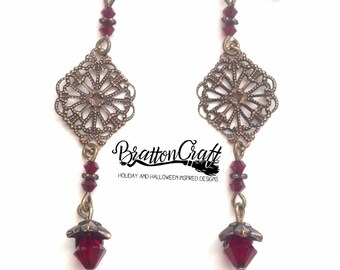 Filigree Earrings with Red Crystal Beads