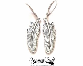 Silver Feather Earrings: Antique Silver Finish, Sterling Leverbacks