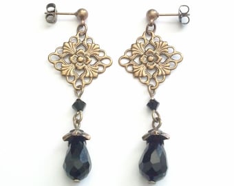 Filigree Earrings with Black Crystal Beads