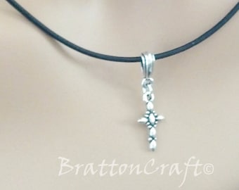 Silver Cross Necklace: Pewter Antique Finish, Leather Cord