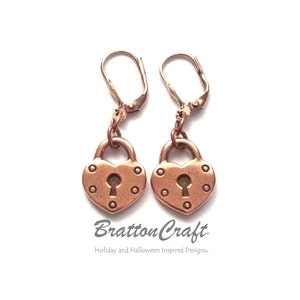 Copper Heart Lock Earrings - Copper Heart Earrings - Copper Lock Earrings - Heart Lock Charm Earrings - Heart Earrings