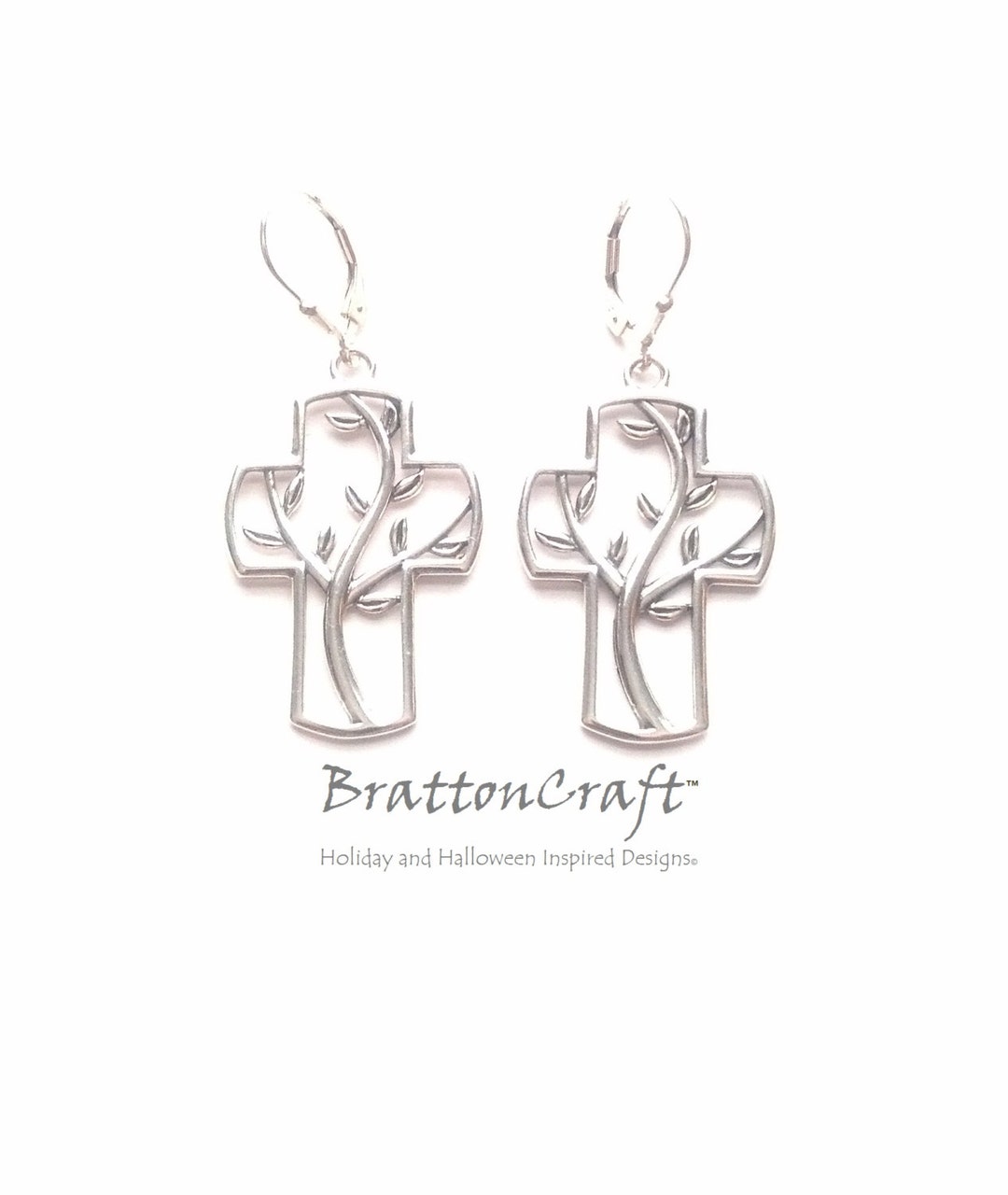 Silver Cross Earrings Sterling Silver Tree of Life Cross Earrings Christian Earrings Cross
