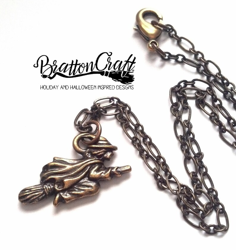 Dark Gold Flyng Witch Necklace Halloween Necklace Etsy