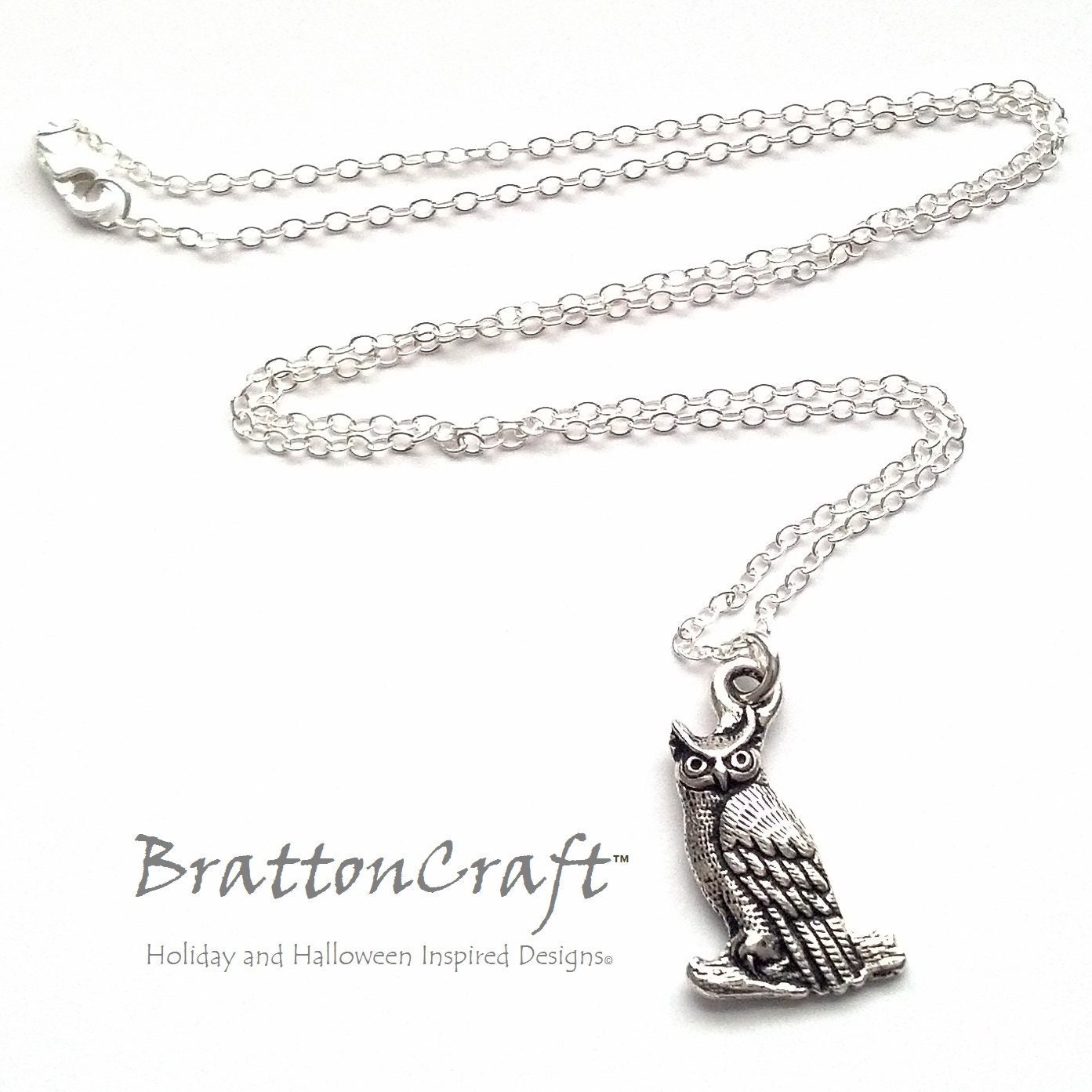 Silver Owl Necklace: Britannia Pewter Bird Pendant, Sterling Silver Chain
