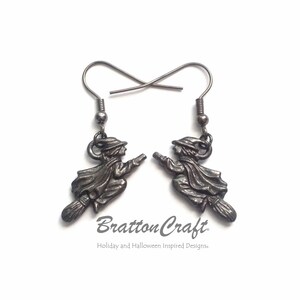 Flying Witch Earrings: Gunmetal Pewter Halloween Jewelry