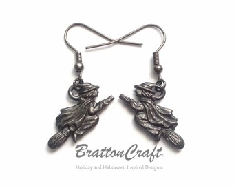 Flying Witch Earrings: Gunmetal Pewter Halloween Jewelry