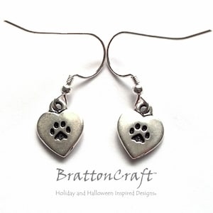 Cat Paw Heart Earrings - Love My Cat Heart Earrings - Cat Paw Earrings - Heart Earrings - Silver Heart Earrings - Cat Earrings